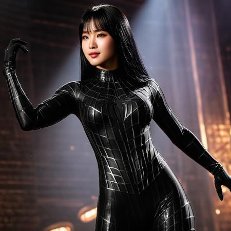 score_9, score_8_up, score_7_up, best quality, realistic, masterpiece, beautiful detail, hyperrealistic, ((1girl, woman body, large breast)), amazing detailed full body of a cute korean girl, cute face, wearing a realistic and highly detailed black raimi spider-man suit, ((defined muscular girl)), professional model wears ultra - detailed black raimi spider - man suit, ultra - detailed and grained black raimi spiderman suit, suit covered entire body and hand, black spiderman gloves, wet, (black hair, attraction, light smile), dancing on a stage, octane render, highly detailed, volumetric, dramatic lighting, (highest quality:1.1), (HDR:1.3), (top quality, best quality), realistic, high definition,