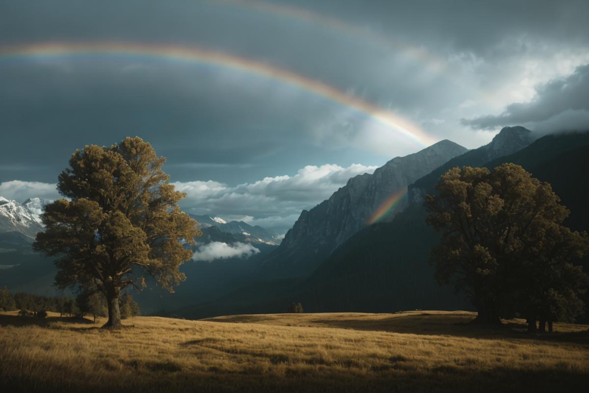 A Mountainous Landscape with a Rainbow and Tall Trees