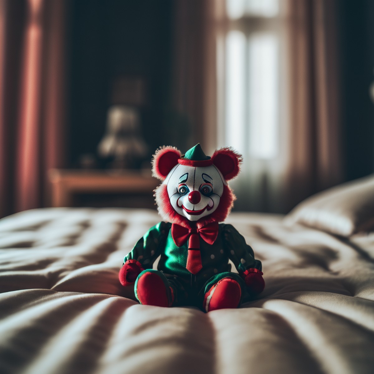 <lora:TestLUTs1-000016:0.6>
photo of a toy bear clown on a bed, joker cinematic LUT