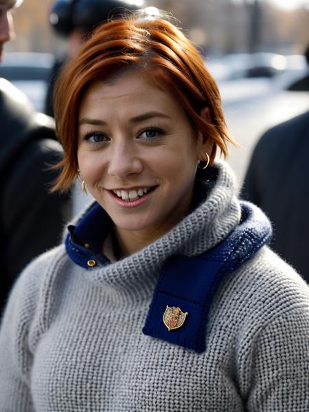 A beautiful 4lys0nh, 1girl,solo,short hair,looking at viewer,smile,red hair,brown eyes,jewelry,upper body,earrings,teeth,grin,sweater,lips,turtleneck,turtleneck sweater,realistic, soft lighting, professional Photography, Photorealistic, detailed, RAW, analog, sharp focus, 8k, HD, high quality, masterpiece<lora:4lys0nh:1.0>