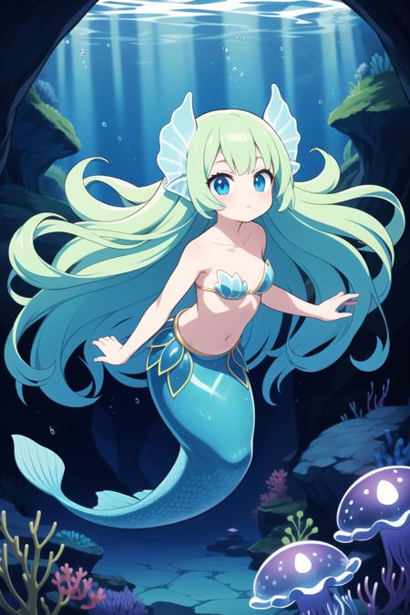 masterpiece, best quality, ultra detailed, anime style, Within the depths of an enchanted cavern, a mermaid girl with bioluminescent scales forms an unlikely alliance with a curious jellyfish companion. Together, they explore the mysterious underwater world, revealing hidden treasures