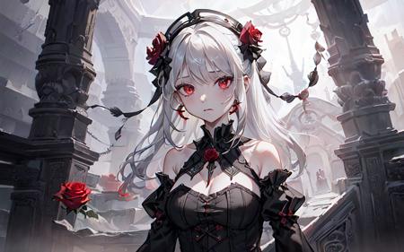 (best quality, masterpiece), (1girl, solo, black dress, standing , looking at viewer, white hair, red eyes, holding rose, upper body), (red dreamcatcher behind, red flower cover mouth, )