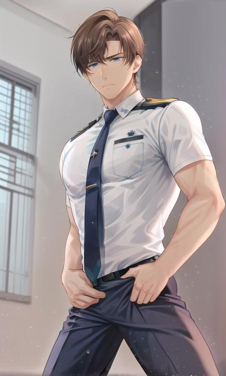 <lora:zuoran:0.56>, 1boy, ((blue and aqua_eyes)), brown_hair, blurry foreground,  (abs), collarbone, ((police_uniform)),bound,bound_wrists,necktie,gun,(kneeling),(male_focus),pants,police,policeman,((white shirt)),solo_focus,uniform,(windows),(god rays)