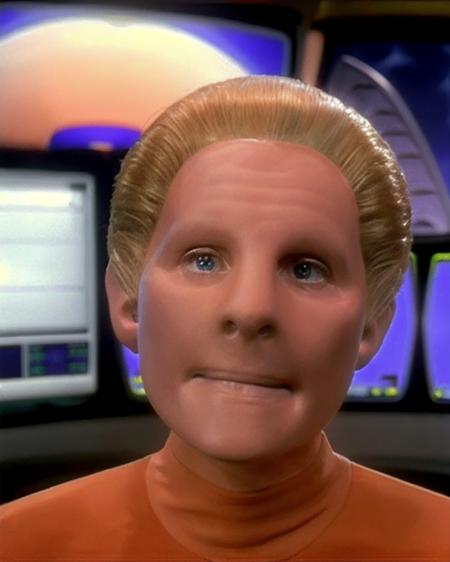ds9changeling skin like clay featureless face featureless ears no eyebrows slicked back blond hair