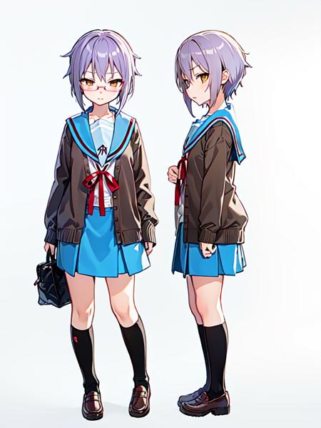 masterpiece, best quality, ultra-detailed, illustration,
kita high school uniform, 1girl, school uniform, solo, nagato yuki, serafuku, skirt, winter uniform, sailor collar, blue sailor collar, short hair, blue skirt, cardigan, purple hair, glasses, open clothes, open cardigan, socks, shoes, red ribbon, kneehighs, brown eyes, ribbon, holding book, full body, brown cardigan, long sleeves, simple background, white background, 
 <lora:kitakouseifuku:0.8>