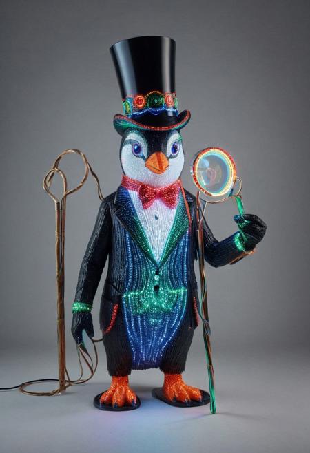 embedding:lazmpos, LED, colorful LED lights, RGB lights, red green and blue penguin, art deco, top hat, cane, monocle,RetroBG