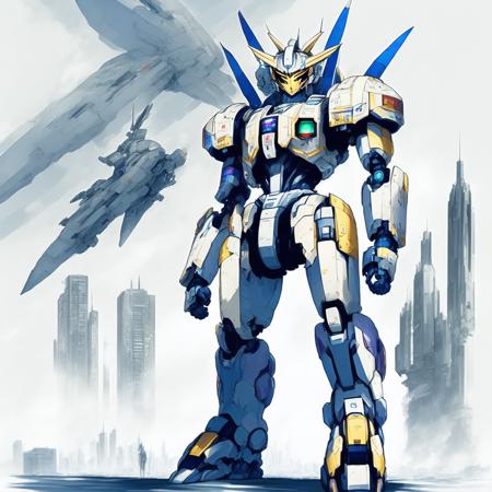 anime Mobile Suit gundam, Mecha standing in an Advanced Cityscape (GundamCityscape style:1) <lora:djzGundamCityscape:0.8)