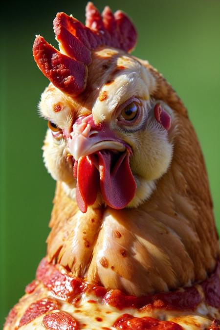 a photo of a chicken, with a cute grumpy face <lora:Pizza_World_Morph_SDXL:0.8> pizzasdx