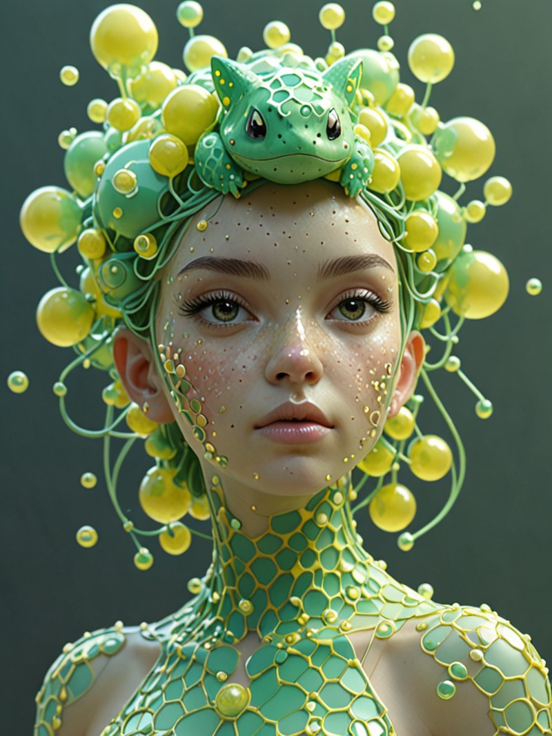 epic 3 d sculpture of trans model, mesh headdress, 2 0 mm, with pastel yellow and pastel green bubbles bursting, voronoi, ...