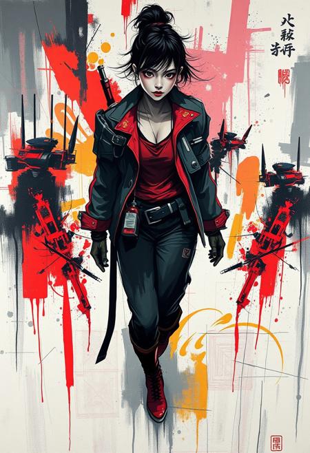 High-angle perspective, bold acrylic painting: A woman with refined features walks, dynamic brushstrokes in a monochromatic palette with vibrant colors and textured brushstrokes.  Cyberpunk elements blend with futuristic themes, mechanical designs, and abstract silhouettes, showing Japanese calligraphy influences in a bold composition with atmospheric depth and militaristic aesthetics.