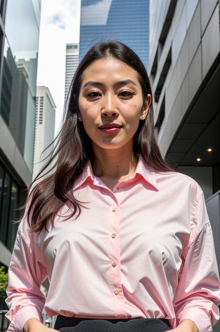 RAW Photo, (portrait), (Hana), ((best quality)), (pink blouse and skirt), ((masterpiece)), ((realistic)), (body facing camera), ((asian)), big eyes, (Fujifilm GFX 100S), analog style, (high detailed skin:1.2), 8k, uhd, (skin pores) standing in front of a modern glass building, on eye level, scenic, masterpiece