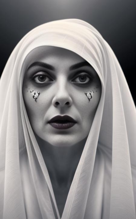 Surrealist art A breathtaking image of a ghostly woman in white robes, closeup, macro, highly detailed, high quality surreal image, movie poster style . Dreamlike, mysterious, provocative, symbolic, intricate, detailed