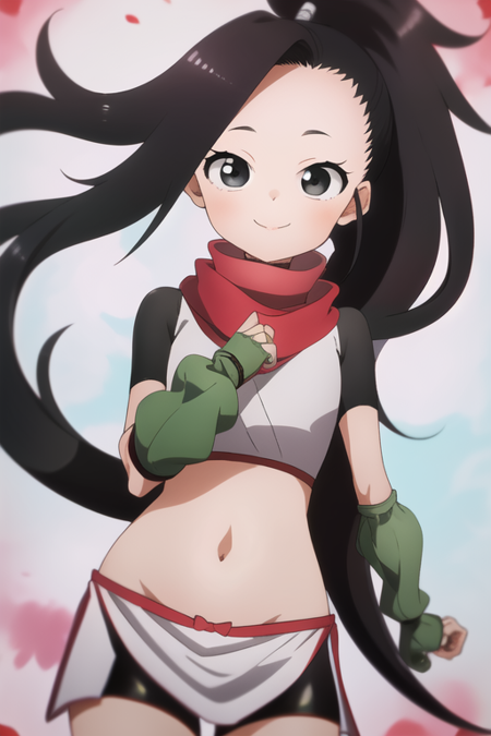 masterpiece, best quality, KunoTsubakiv1, black eyes, black hair, closed mouth, looking at viewer, shirt, long hair, solo, asymmetrical bangs, forehead, high ponytail, navel, ponytail,red scarf, scarf short sleeves, smile, pelvic curtain, shorts, green gloves, arm warmers, fingerless gloves,