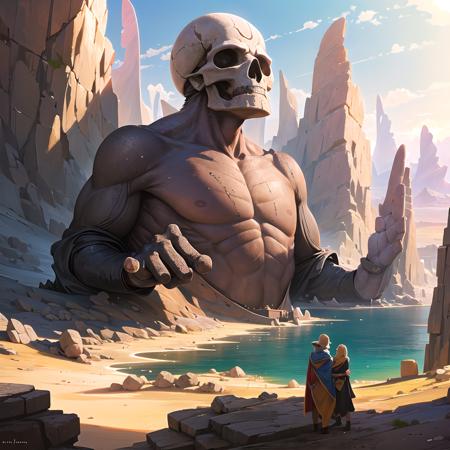 hires,high resolution, intricate, (detailed background), masterpiece, best quality, landscape, scenery, <lora:Grand Scale:1>  grandscale, desert, giant skull in mountain, cliff view, oasis in background