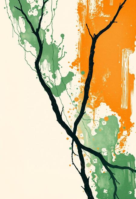 A screen print artwork in a green and orange bichromy. Inkstyle old engraving, paper texture.
