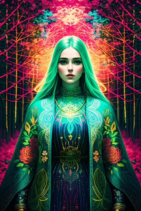 cover art, illustration, bright psychedelic portrait of a beautiful  25 year old woman wearing a paisley dress, BlacklightForestStyle, outdoor fashion editorial, (intricate details, hyperdetailed) by Guy Aroch <lora:BlacklightForestStyle:0.8>