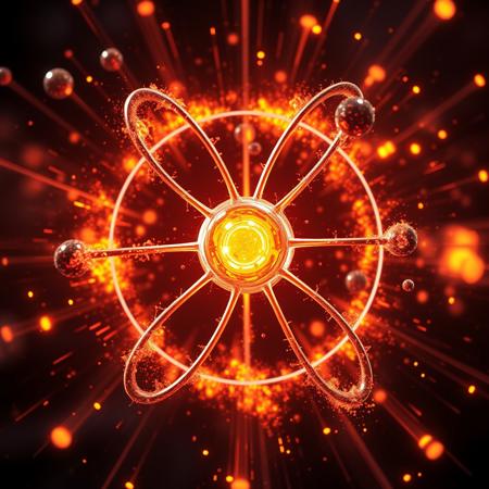3d atoms desintegrating, electrons on orbits, nucleus, explosions, fire lights, pirticles explosions