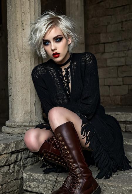 This is a high-resolution photograph of a woman with a striking, edgy aesthetic. She has short, tousled, platinum blonde hair styled in a messy bob and a pale, almost translucent complexion. Her piercing blue eyes are accentuated by dark eyeliner, and her full lips are painted a deep, dramatic red. She has a series of intricate tattoos on her upper chest and arms, visible under a dark, loose-fitting, long-sleeved cardigan that drapes over a brown, lace-up, knee-high leather boot on her left leg. 
Her attire includes a voluminous, layered skirt in shades of brown and gold, with a distressed, vintage aesthetic, adding to the bohemian, gothic-inspired look. She is seated on stone steps, leaning forward with her arms crossed over her knees, exuding a melancholic, contemplative demeanor.
The background features the rough, weathered stone of an old, possibly ancient building, with tall, cylindrical columns and intricate architectural details, suggesting an historical or classical setting. The lighting is soft, casting dramatic shadows that enhance the moody, atmospheric feel of the scene. The overall color palette is muted, dominated by grays and browns, with the woman's pale skin and red lips providing the only vibrant contrast.
