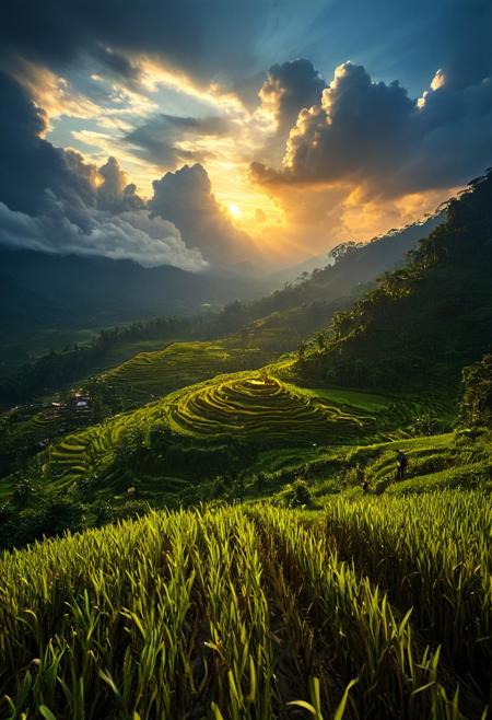 Landscape, 64k, UHD, ((masterpiece, ultimate quality)), sharp focus, beautiful scenery, highres, highly detailed, photo, realistic, photorealistic, Asian rice plantation, double exposure, realistic, whimsical, fantastic, intricate detailed, hyperdetailed, maximalist style, sharp focus, harmony, serenity, tranquility, surrounding clouds, mysterious glow, ambient occlusion, halation, cozy ambient lighting, dynamic lighting,masterpiece, masterpiece, award winning,