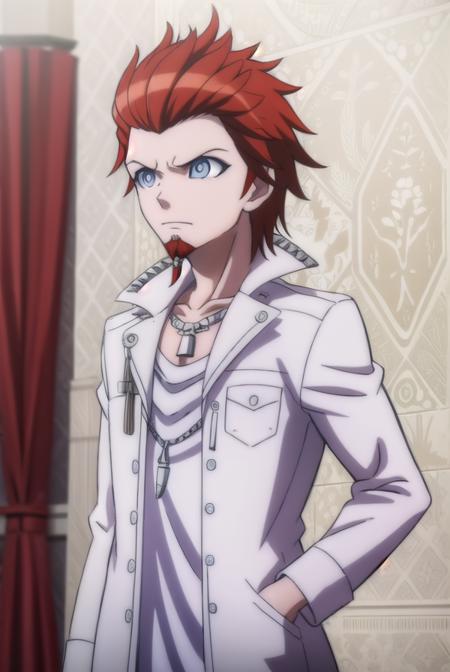 leonkuwata, <lora:leon kuwata s1-lora-nochekaiser:1>,
leon kuwata, short hair, blue eyes, male focus, red hair, facial hair, spiked hair, goatee,
BREAK shirt, jewelry, collarbone, jacket, white shirt, earrings, open clothes, necklace, open jacket, piercing, white jacket, pocket, breast pocket,
BREAK outdoors, classroom,
BREAK looking at viewer, (cowboy shot:1.5),
BREAK <lyco:GoodHands-beta2:1>, (masterpiece:1.2), best quality, high resolution, unity 8k wallpaper, (illustration:0.8), (beautiful detailed eyes:1.6), extremely detailed face, perfect lighting, extremely detailed CG, (perfect hands, perfect anatomy),