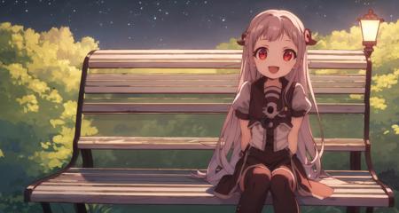 ((Masterpiece)), ((ultra quality)),  (fullbody), shoes, pantyhose, <lora:yashiro_nene:.7>, yashiro nene, solo, open mouth, smile, sweat, school uniform, funny expression, sitting on a park bench, moonlight, night time, red eyes, orange eyes