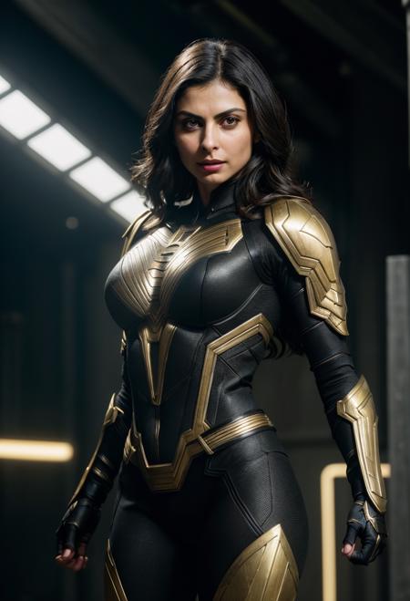 Morena Baccarin as a superhero, wearing sexy black and gold armor, glowing lights, (superhero pose), (hyper realistic:1.4), (realistic:1.3), (best quality real texture skin), full body, (Cinematic Light), highly detailed skin, skin pores, (highly detailed face:1.1), (highly detailed eyes:1.1), realistic pupils, (perfect anatomy:1.1), (perfect proportions:1.1), (photography:1.1), (photorealistic:1.1), volumetric lighting, dynamic lighting, real shadows, (highres:1.1), sharp focus, daylight, (realistic, hyperrealistic:1.4), intricate, high detail, dramatic, subsurface scattering, big depth of field, vivid, polished, sharpened, ((full Sharp)), (extremely absurdres),8k hdr