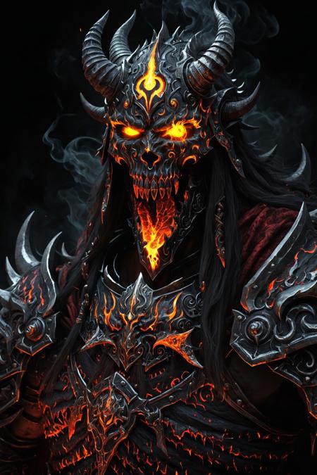 soul knight, Dual Swords, fire element, composed of fire elements, ((hollow mask)) , yellow eyes, black sclera((hollowfication)), bosstyle, ((multiple Demonic horns)) fusing together to make crown, Beyond-realism, hyper fantasy, insane detailed, Demonic, pure power, pandemonium, tainted viking warrior, hollow, vastolorde, full hollow, dark, deranged, death knight, bursting energy inferno, Fractal patterned flames, leaking power, agony, pain, primal magic, norse berserker, Shinigami, manic, bloodlust, transform, fire, petrified armored skin, dark vivid details and colorful highlights, horror, from above