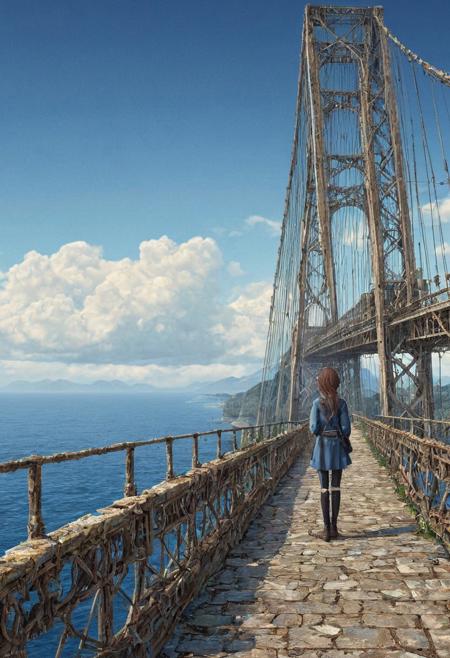 DFC, 1girl,nonomi \(blue archive\),post-apocalypse,ivy,beach, bird, blue sky, boat, bridge, building, city, cloud, cloudy sky, day, facing away, from behind, horizon, lake, mountain, mountainous horizon, ocean, outdoors, railing, river, road, scenery,,masterpiece, best quality, very aesthetic, absurdres,