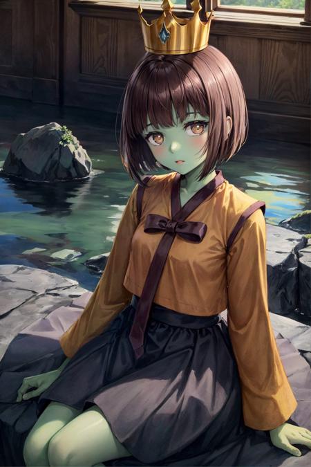 anak zahard, 1girl, green skin, korean clothes, bob cut, crown, solo, looking at viewer, potrait, sitting on rock, rock, mountain, (masterpiece:1.2, best quality)