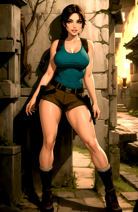 UnderworldLara, ponytail, brown eyes tanktop, chest harness, shorts, thigh holster, boots, socks, fingerless gloves teal leotard, hip window, shorts, fingerless gloves, boots, socks, backpack straps wetsuit, zipper down, cleavage, belt, chest harness, cleavage, thigh holster