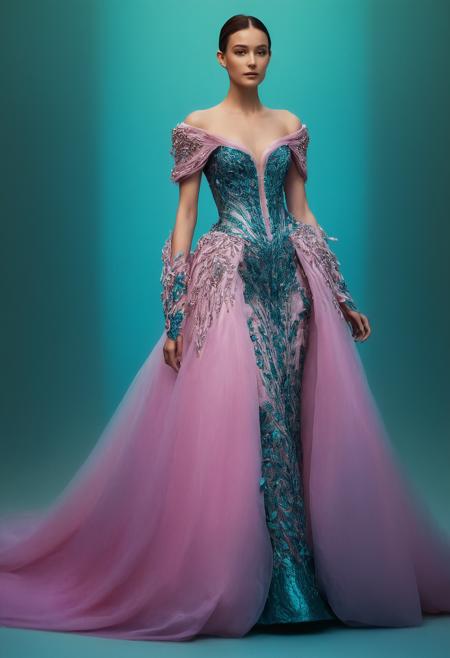 Fairy tale 1girl, woman,a model in a pink gown with a long train,gown,background,<lora:Haute Couture (AM):1>,haute couture, realistic, photorealistic,<lora:LetThereBeLight:0.2>,Beeple,teal lighting,, intricate cyborg armor . Magical, fantastical, enchanting, storybook style, highly detailed