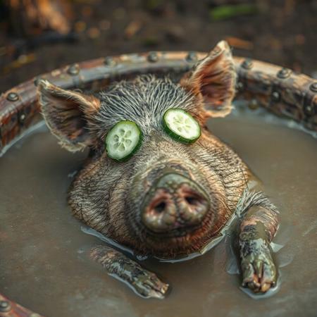 A hog in a mud bath relaxing with cucumber slices on its eyes