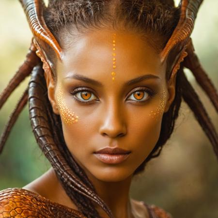 A close up portrait of a (((fantasy mesmerizing alien humanoid female, amazingly beautiful ethereal being))) that embodies the essence of wonder, exuding a (((a deep sense of marvel aesthetic))) that is heavily exaggerated beyond human form, very detailed close up dark amber orange reptilian humanoid eyes, Its presence is (((intangible reality))), existing only in the imagination, yet feels strikingly familiar to the human form, evoking a sense of unsettling mesmerizing beauty, Draw inspiration from julie bell's iconic art style for guidance.
