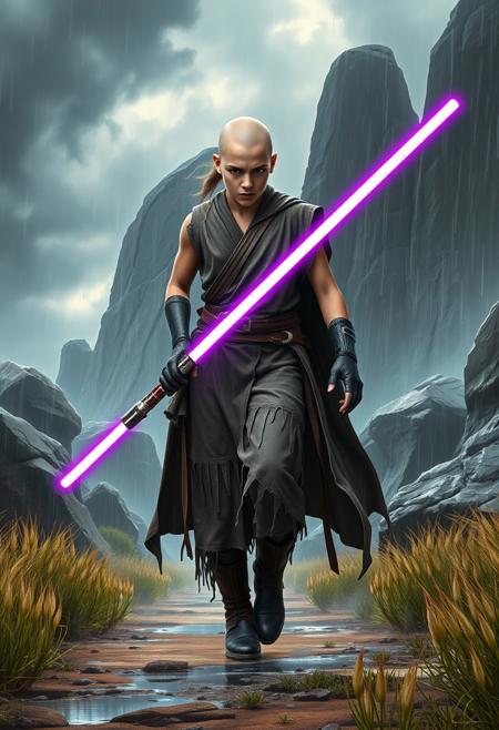 a centered below shot high detailed digital art illustration of a jedi knight in a walking pose holding with 2 purple light-sabers, wearing grey ripped dirty jedi tunic dripping with no sleeves and bare-arms,  looking at viewer with angry face, bald young girl, black gloves. volumetric light from above, rim lighting,
the background is a foreign planet with giant rocks,
high grass in the wind, rain, storm, rainy day with dark clouds