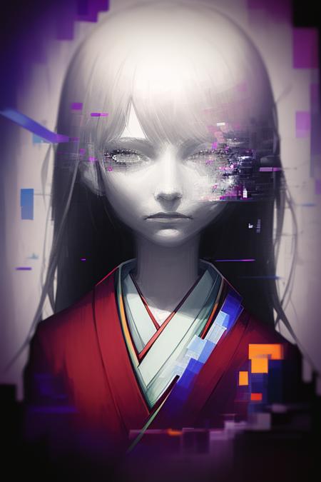 glitch,a portrait of a girl in a red kimono