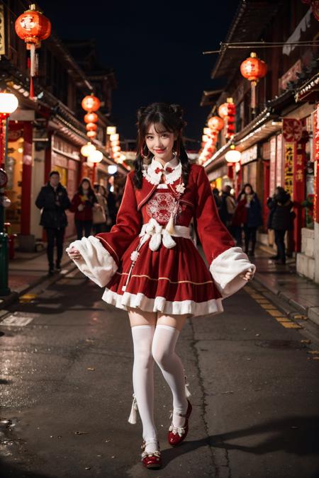 best quality, masterpiece, realistic, photorealistic, 1girl, solo, looking at viewer, light smile, full body, low twintails, bangs, cyb dress, chinese clothes, frilled dress, wide sleeves, long sleeves, white thighhighs, shoes, chinese town, ancient chinese building, chinese street, people, chinese new year, chinese lantern, spring festival, <lora:chinese_new_year_dress_style2_v1:0.7>