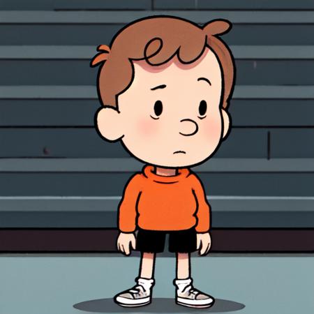 David_Hilda, 1boy, solo, short hair, brown hair, Knitted eyes, male child, sweater, orange sweater, shorts, black shorts, socks, sneakers, standing, cartoonized, 