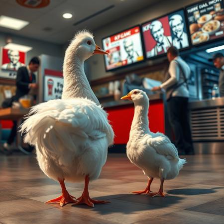 anatomically correct, (hyper realistic, ultra detailed), complex shadows, intricate details, white duck, animal focus, black eyes, fluffy, short, standing, restaurant, KFC, white duck is on the floor, white duck is in front of cashier counter, white duck is looking at the tv display menu, the cashier is confused as to see a white duck, kitchen staff are visible in shot, full shot,