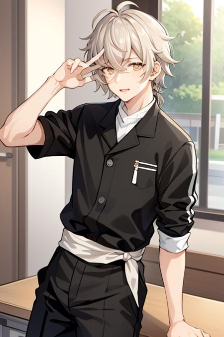 masterpiece,high quality,solo, <lora:IshiharaUsumi:0.8>,IshiharaUsumi,1boy,short hair,white hair,orange eyes,ahoge,