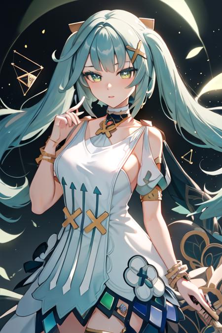 best quality, masterpiece, highres, solo, {faruzan_genshin:1.15}, twintails, bangs, long_hair, hair_ornament, aqua_hair, x_hair_ornament, green_eyes, jewelry, breasts, bracelet, small_breasts, symbol-shaped_pupils, upper_body