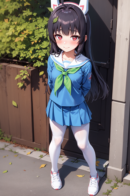 miyu, red eyes, black hair, long hair, blunt bangs, ahoge, leaf on head, fake animal ears, halo school uniform, gloves, white serafuku, green neckerchief, blue skirt, pleated skirt, white pantyhose, white footwear miyu, red eyes, black hair, long hair, blunt bangs, ahoge, twin braids, leaf on head, halo, white bikini, leaf print, white ribbon, white neck ribbon, straw hat