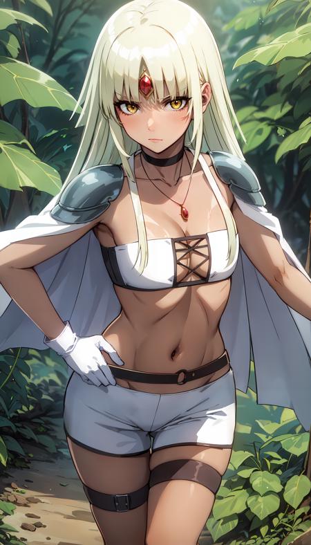 tanned skin long hair blonde hair yellow eyes white top white shorts white cape white gloves shoulder pads choker necklace red gem on forehead black belt leather leg harness
