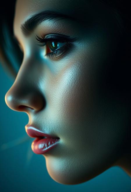 Closeup of a woman head with seams that makes her look as if made of puzzle pieces, bright background, dramatic light