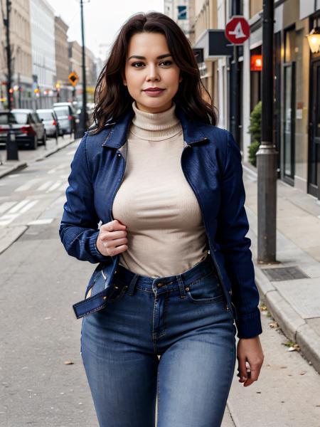 (perfect quality photograph, extremely high resolution, perfect details), sexy milf in empty city street,  <lora:ChloeLamour:1>, tight jeans, (tight plain turtleneck shirt), shirt tucked in, (thin jacket:1.4)