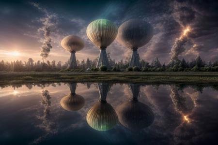 magical fantasy tower, the sky is a dark mirror of the mushrooms of variegated colors forest,  flying dirigibles, the sun filters through the surface forming a reflection, high resolution, deep field, high detail, masterpiece, tall mushrooms, thunderstorm in deep background, flying dirigibles