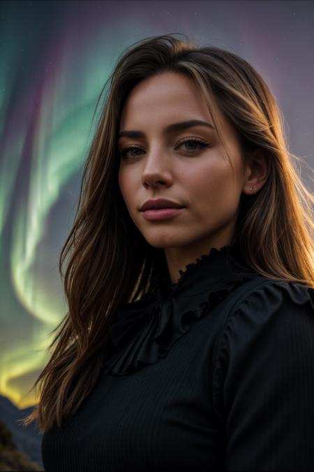 perfect cinematic shoot of a beautiful woman (EPKohSylw14M4jd4k:.99), a woman standing at a machu picchu, perfect hair, wearing sexy Onyx (Bow-neck blouse with a ruffled collar and pleated front), (northern lights in background:1.2), (detailed background:1.1), (face focus), modelshoot style, (extremely detailed CG unity 8k wallpaper), professional majestic (photography by Roberto Ferri:1.1), 24mm, exposure blend, hdr, extremely intricate, High (Detail:1.1), dramatic, soft cinematic light, (looking at viewer), (detailed pupils),8k, highly detailed, rich environment, 4k textures, soft cinematic light, elegant, ((((cinematic look)))), soothing tones, insane details, hyperdetailed, ("Descifra el arte del juego con JernauGurgeh!":1.1),(epiCPhoto)