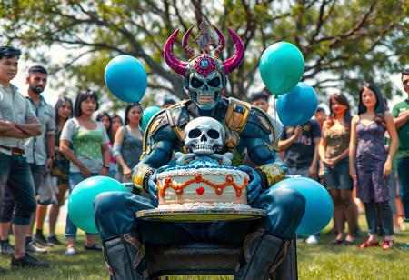 "A vibrant concept art scene of a Super Soldier Soul seated on a chair, holding a cake adorned with a skull-and-crossbones design. Surrounding him, a group of people stand, adding a lively and joyful atmosphere. The cake is decorated with blue and green balloons, enhancing the festive vibe. The setting is outdoors, with a tree in the background, creating a casual and joyful environment. Rendered in hyper-realistic 3D with Octane Render, featuring lifelike details, sharp lines, and stunning colors. The composition is balanced, with intentional focus on the Super Soldier Soul and the cake. Inspired by contemporary aesthetics and Grammer Effect Style, the scene conveys vivid emotions and a powerful message. Trending on ArtStation, 8K, ultra-detailed, and impeccably composed."