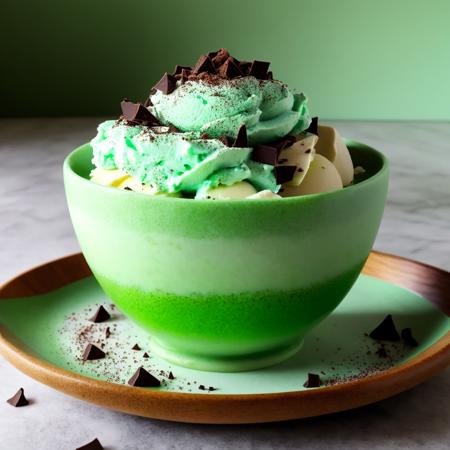 a Nobuyuki Matsuhisa food photograph, mint chocolate ice cream, well garnished with chocolate shavings, shades of green, vibrant green background