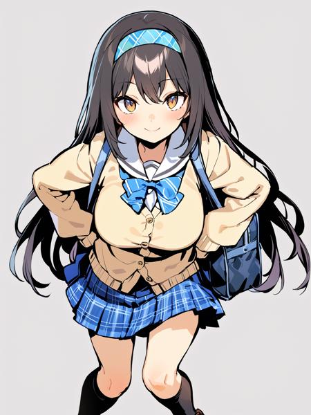 <lora:XL_dohna dohna style-000008:1>,dohna dohna style,1girl, solo, long hair, skirt, black hair, plaid, bag, school uniform, hairband, cardigan, smile, socks, kneehighs, brown eyes, simple background, plaid skirt, blue socks, blush, loafers, looking at viewer, school bag, shoes, breasts, grey background, black socks, masterpiece, best quality,