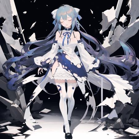 rei,1girl,alternate costume,black footwear,blue hair,blue ribbon,braid,breasts,closed eyes,closed mouth,detached sleeves,dress,hair ribbon,long hair,long sleeves,medium breasts,ribbon,shoes,solo,standing,thighhighs,torn clothes,torn dress,very long hair,white dress,white thighhighs
,<lora:newrei2:1>  <lora:tianjiaxijie:-0.5>